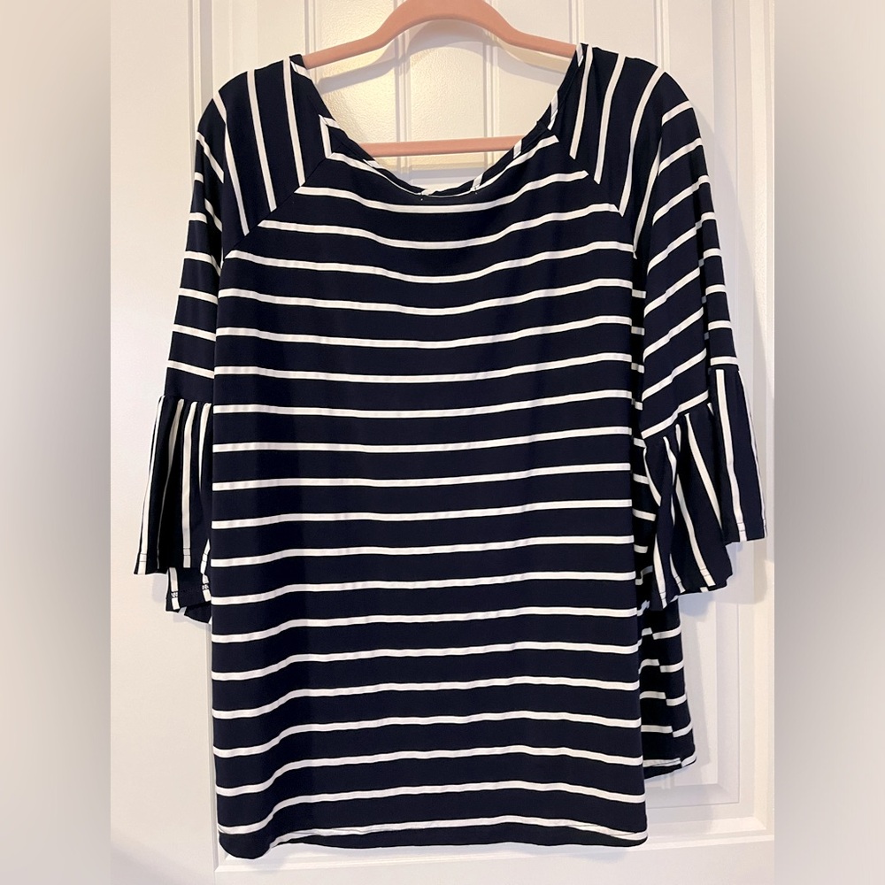 Roommates Women’s Plus 2X Navy and White Stripe Ruffle Bell Sleeve Top